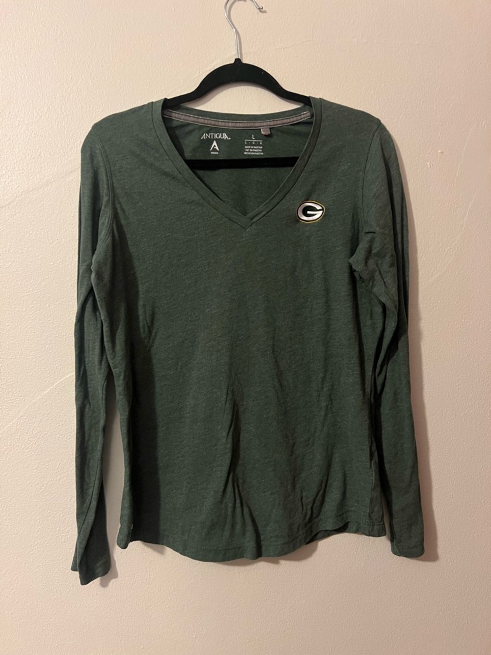 Antigua Green V-Neck Long Sleeve Top with Embroidered G Patch